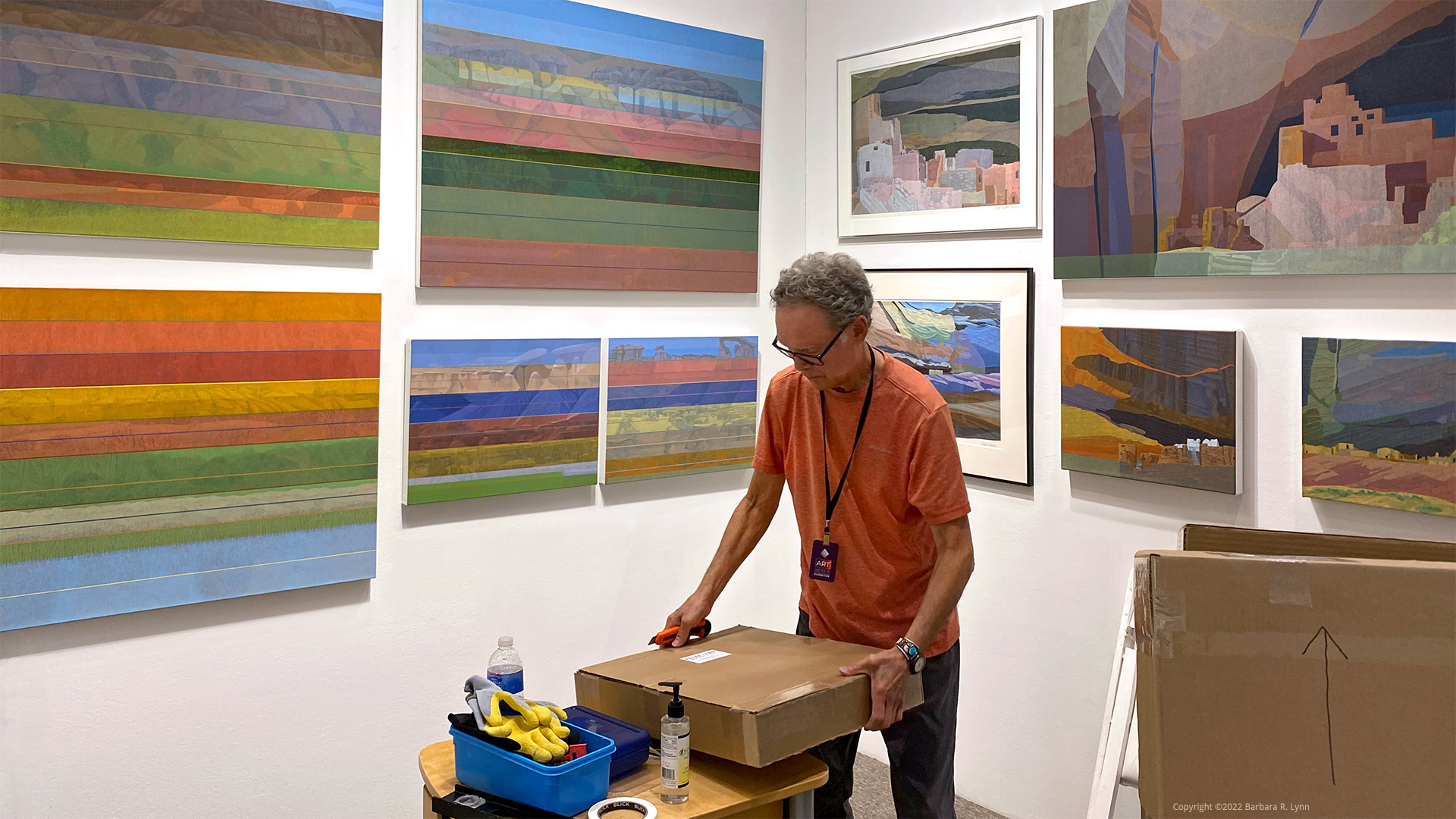 Award of Excellence winner Peter E. Lynn setting up his Exhibitor Space at the Santa Fe Convention Center - Art Santa Fe 2022