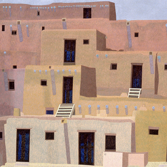 HLAUUMA-NORTH HOUSE, Taos, NM - Puebloan Architecture, painting on canvas, Copyright 1989 Peter E. Lynn