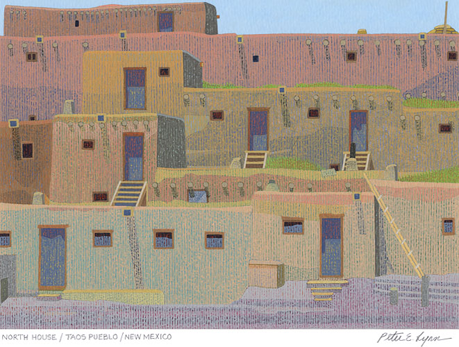 NORTH HOUSE - TAOS PUEBLO, 11 x 44",  Acrylic on paper, ©2022 Peter Lynn
